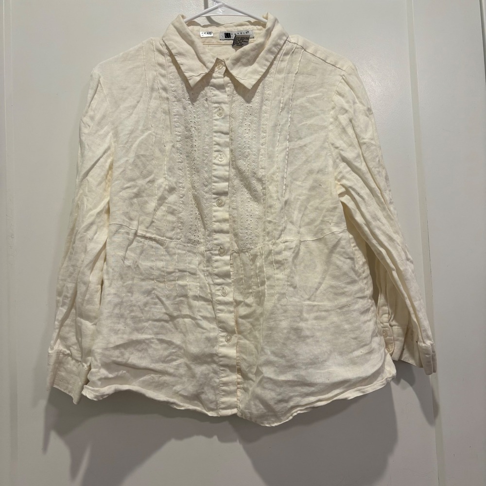 Carole Little Cream Linen Eyelet Pintuck Button Down Shirt Womens Large L